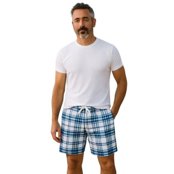 Merona Men's Large Swim Trunks Blue White Green Plaid Elastic Waist Drawstring - Picture 1 of 14